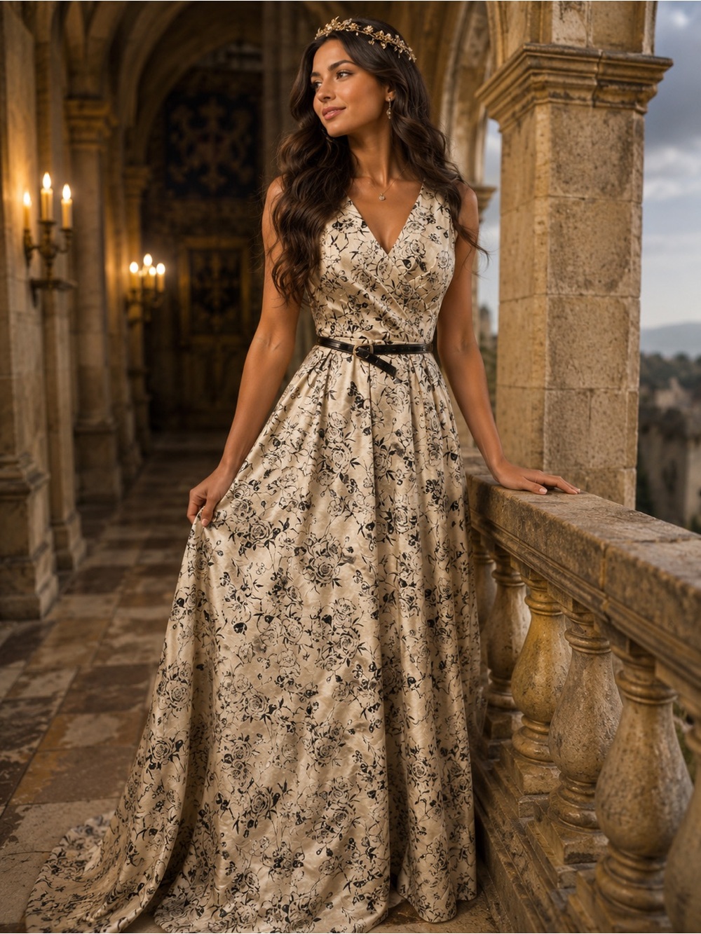 Donna Karan Cream Couture Dress with Black Floral Print